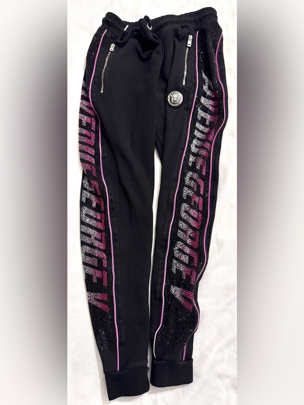 Avenue George V Paris Pink & Silver Rhinestone Jogger Sweatpants Bling Size L